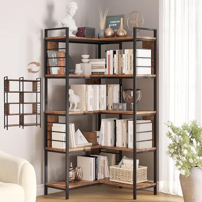 5 Tier Corner Bookshelf, Reversible Corner Shelf, Industrial Wooden Display by vividwood