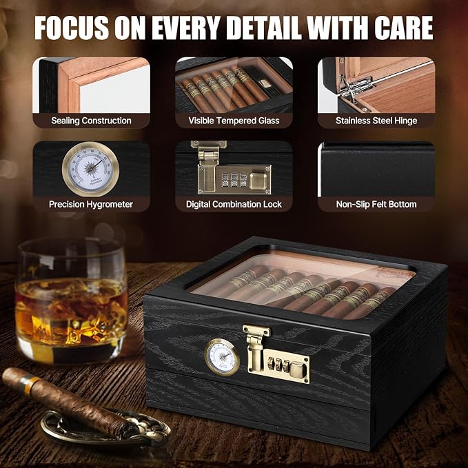 Tesonway Cigar Humidor, Cedar Wood Humidor Cigar Box, Glass Top Desktop Humidor - Image 6