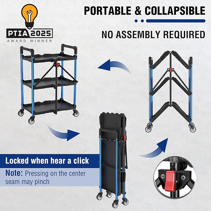 WORKPRO 3-Tier Collapsible Service Cart, 210 LBS Foldable Utility Cart - Image 2