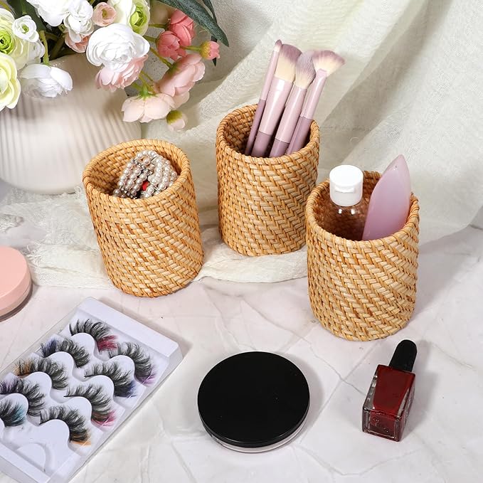 3 Pcs Rattan Pencil Holder, Handmade Pen Cup Durable Cylinder Makeup Brush - Image 4
