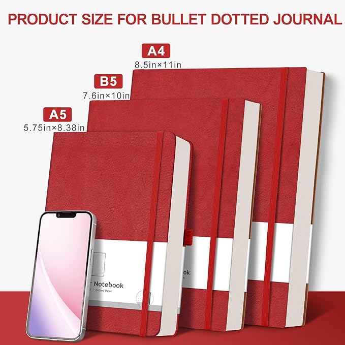 AHGXG Bullet Dotted Journal - 320 Numbered Pages Dot Grid Notebook A5 Thick Journal, 100gsm Thick Dotted Paper, Leather Hardcover,Inner Pocket, 5.75'' × 8.38'' - Red-DeskLoop Office