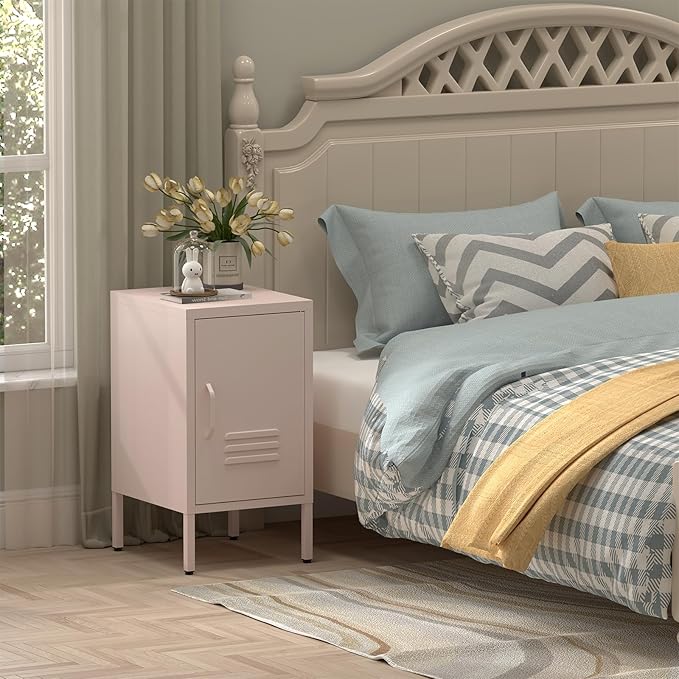 Metal Cabinet,Locker Nightstand with Shelf,Metal Storage Locker,Steel Bedside Storage Cabinets for Living Room Bedroom,Pink-DeskLoop Office