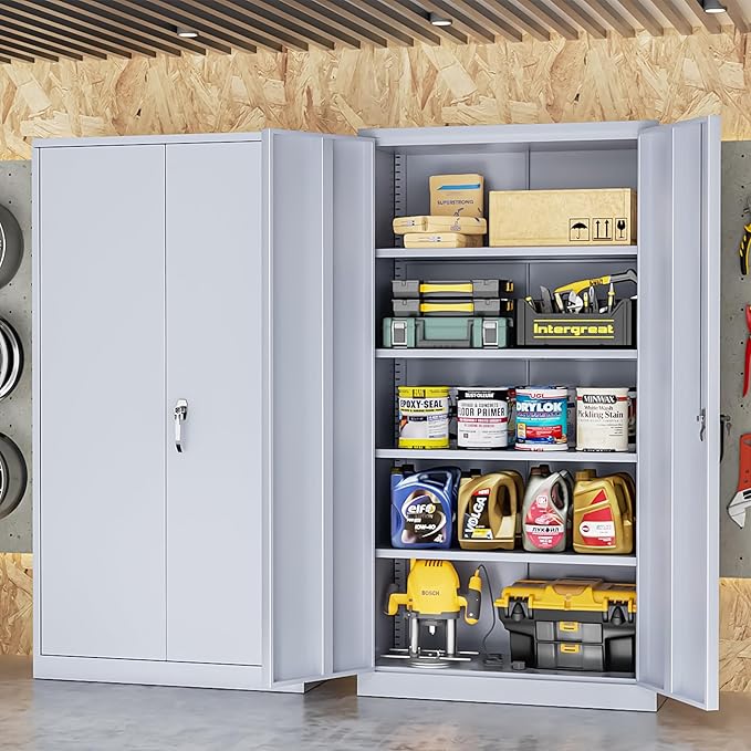 INTERGREAT Tall Metal Storage Cabinet Locking Steel with 4 Adjustable Shelves,72" Lockable Cabinets Lock 2 Doors for Office Garage Supply Home (Cement Gray)-DeskLoop Office