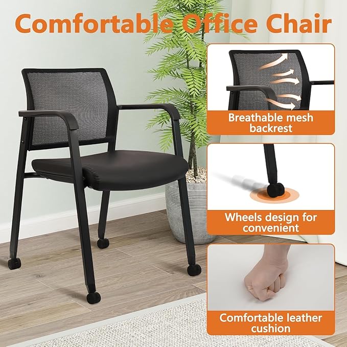 CLATINA Stacking Office Chair with Wheels, Mesh Back Waiting Room Guest Chairs with Arms Comfortable Leather Cushion Stackable Desk Chair for Conference Reception School Side Stationary, Black, 8 PK-DeskLoop Office