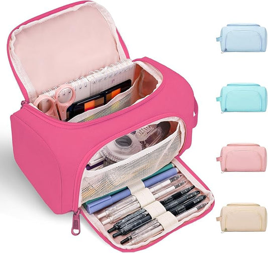 Hsmihair Large Pencil Pouch,Pencil Case Aesthetic,Zipper Pencil Box for Girls Back to School Supplies Emergency Bag Makeup Bag (Deep Pink)-DeskLoop Office