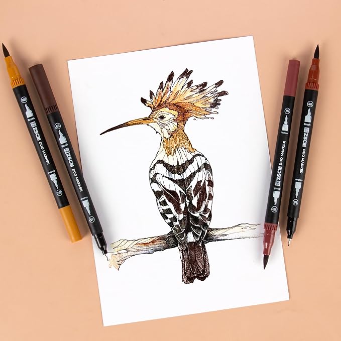 ZSCM Brown Duo Tip Marker Pens, 12 Pack Fine & Brush Markers - Image 4
