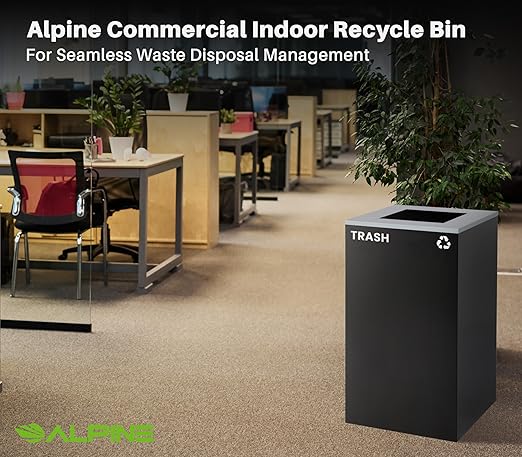 Alpine Commercial Indoor Recycle Bin - 29 Gallon Modern Looking Black Recycle Bin, Office Recycling Bins, Metal Trash and Recycling Container with Stickers & 3 Optional Lids (lid Sold Separately)-DeskLoop Office