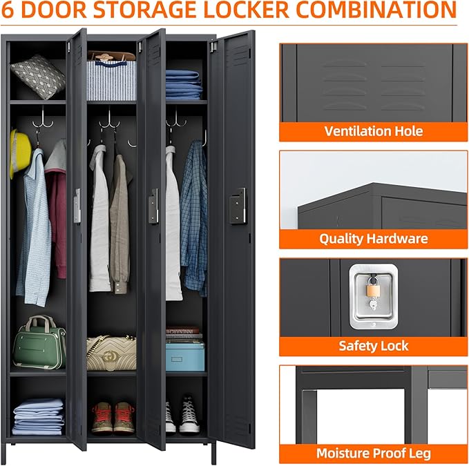 Metal Storage Locker with 3 Doors,Metal Locker for Employees with 9 Hooks for School Garage Office Gym Home,Assembly Required,Dark Grey-DeskLoop Office