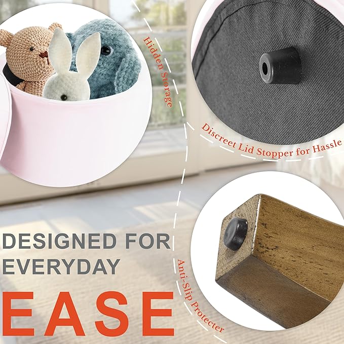 HomePop by Kinfine Fabric Upholstered Round Storage Ottoman - Velvet Button Tufted Ottoman with Removable Lid, Pink, Small-DeskLoop Office