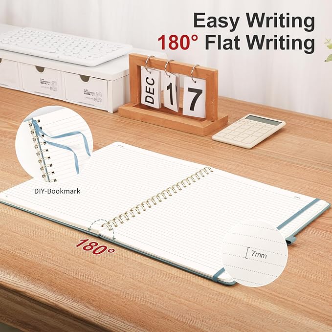 AHGXG Lined Spiral Notebook 8.5" x 11", A4 Large Notebooks for Women Men, Hardcover Leather Notebook College Ruled, 100 GSM Thick Paper, Notebooks for Work School Note Taking Writing, GrayBlue-DeskLoop Office