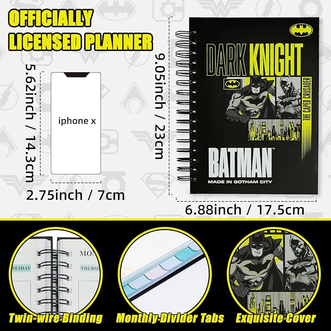 Super Hero Academic Planner, Weekly Monthly Daily Agenda, Custom Date Organizer for Time Management, Spiral Bound Notebook with Colorful Tabs,Datebooks for Student, Adult(Black Gold)-DeskLoop Office
