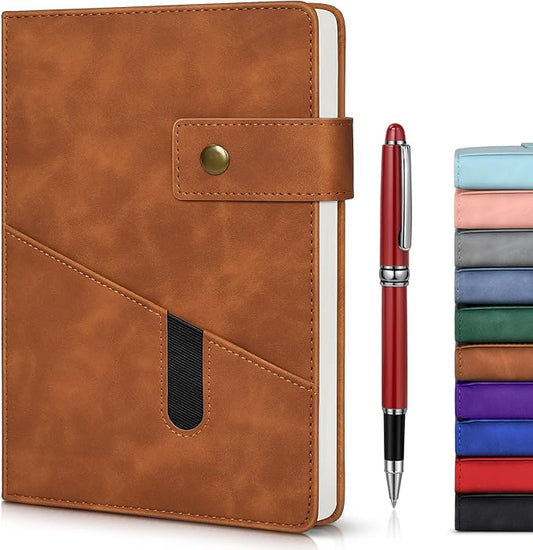 Brown A5 Lined Leather Journal Notebook for Men Women,5.9" X 8.4" Personalized Hardcover Journal with Pen,200 Pages 100 Gsm Thick Ruled Paper Daily Diary for Travel,Business,Work,Writing-DeskLoop Office