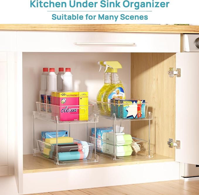 Vtopmart 4 Pack Bathroom Under Sink Organizers Organizer, 2 Tier Clear Pull-Out - Image 6