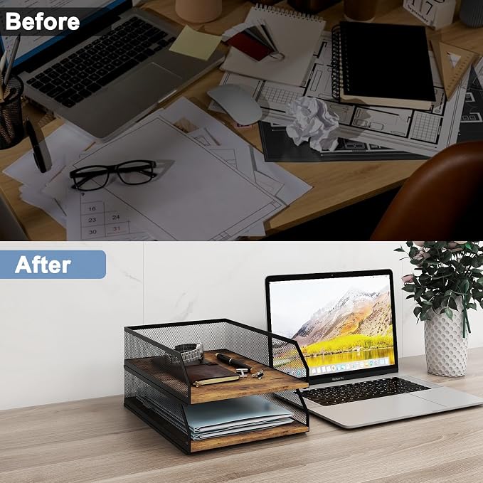 Natwind 2-Tier Stackable Paper Tray, Metal Mesh Desktop Organizer, Wood Board - Image 7