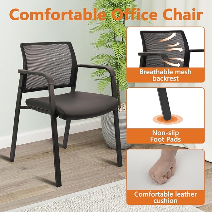 CLATINA Stackable Office Chair, Mesh Back Guest Chairs with Comfortable Leather Seat Arms Stacking Ergonomic Desk Chair No Wheels for Conference Waiting Reception School Stationary, Black, Set of 2-DeskLoop Office