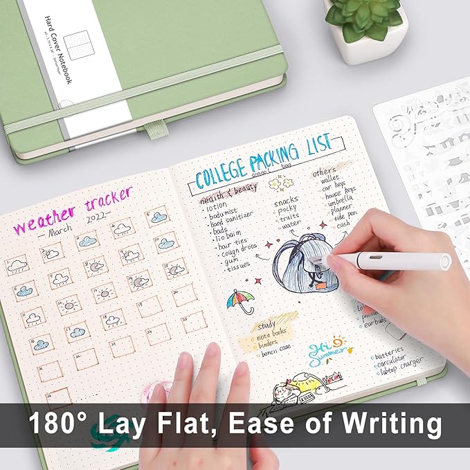 AHGXG Bullet Dotted Journal - 320 Numbered Pages Dot Grid Notebook A5 Thick Journal, 100gsm Thick Dotted Paper, Leather Hardcover,Inner Pocket, 5.75'' × 8.38''-LightGreen-DeskLoop Office