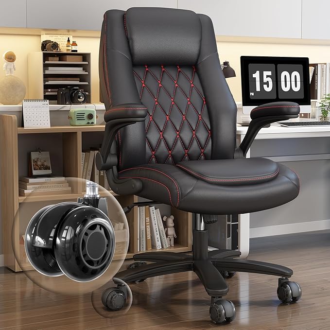 GYI High Back Executive Office Chair, Big and Tall Office Desk Chair 400LBS with Lumbar Support, Flip-up Armrests, Rubber Wheels, Black-DeskLoop Office