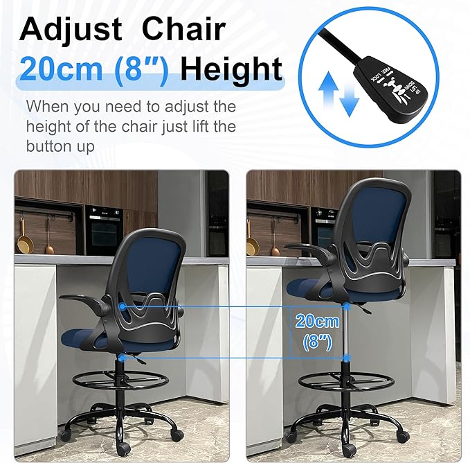 Drafting Chair, Tall Office Chair Ergonomic Standing Desk Chair,with Adjustable Footrest Ring, 3D Lumbar Support, Flip-up Armrests, Swivel Desk Stool for Drawing Working Navy-DeskLoop Office