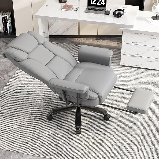 GYI Criss Cross Chair with Wheels, 160°Big and Tall Reclining Office Desk Chair with High Back, Wide Seat, Arms, Footrest, Grey-DeskLoop Office
