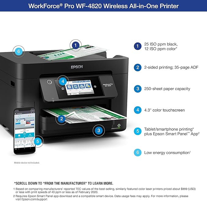 Epson® Workforce® Pro WF-4820 Wireless Color Inkjet All-in-One Printer, Black, Large & T252 DURABrite Ultra Ink High Capacity Black Cartridge (T252XL120-S) for Select Workforce Printers-DeskLoop Office