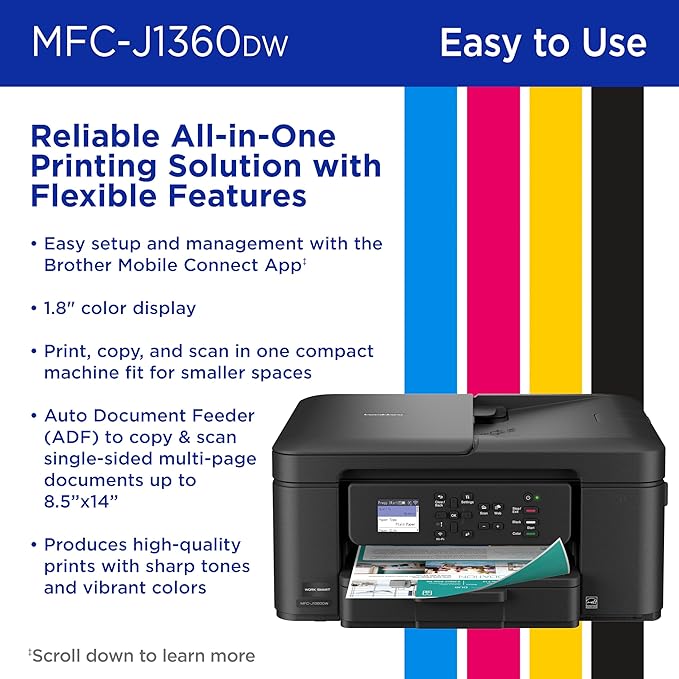 Brother Work Smart 1360 Wireless Color Inkjet All-in-One Printer with Automatic Duplex Printing and 1.8” Color Display | Includes Refresh Subscription Trial(1) (MFC-J1360DW) (Uses LC501 Series Inks)-DeskLoop Office