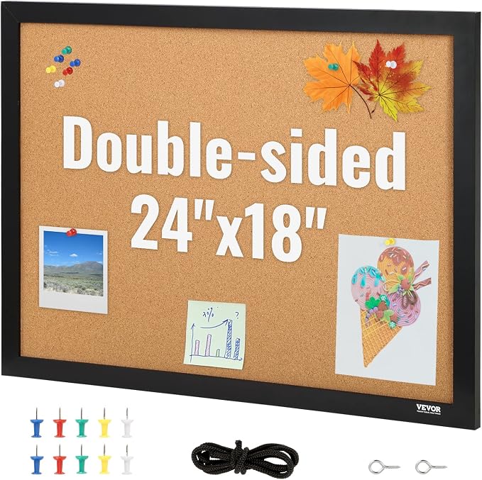 VEVOR Cork Board for Walls, Double-Sided Cork 24" x 18" Bulletin Board Vision by VEVOR