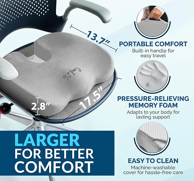 ComfiLife Gel Enhanced Seat Cushion – Office Chair Cushion – Non-Slip Gel & Memory Foam Coccyx Cushion for Tailbone Pain - Desk Chair Car Seat Cushions Driving - Sciatica & Back Pain Relief (Gray)-DeskLoop Office