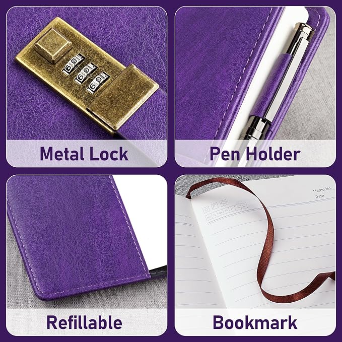WEMATE Diary with Lock, A5 PU Leather Journal with Lock 240 Pages, Vintage - Image 3