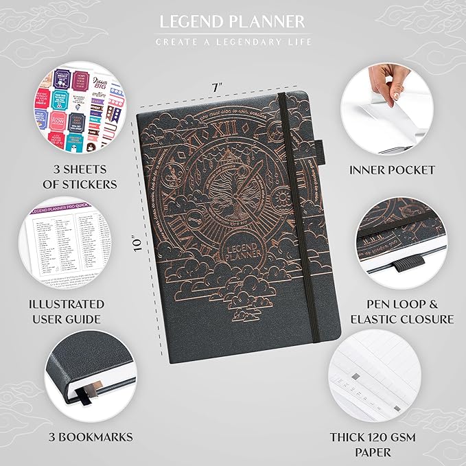 Legend Planner PRO – Deluxe Weekly & Monthly Life Planner to Increase Productivity and Hit Your Goals. Time Management Organizer Notebook – Undated – 7 x 10" Hardcover + Stickers – Mystic Gray-DeskLoop Office