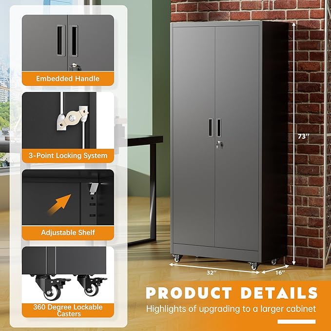 Greenvelly 74" Metal Storage Cabinet with Wheels, Lockable Rolling Metal Garage Cabinets with 2 Doors and 4 Adjustable Shelves, Rolling Tool Cabinet for Garage, Home Office, School-DeskLoop Office
