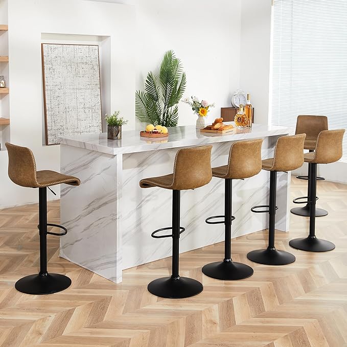 HeuGah Bar Stools Set of 3, Swivel Counter Height Barstools with Back, Adjustable Height 24" to 32", Whiskey Brown Faux Leather Bar Chairs for Kitchen Island (Whiskey Brown, Set of 3 (24'' to 32''))-DeskLoop Office