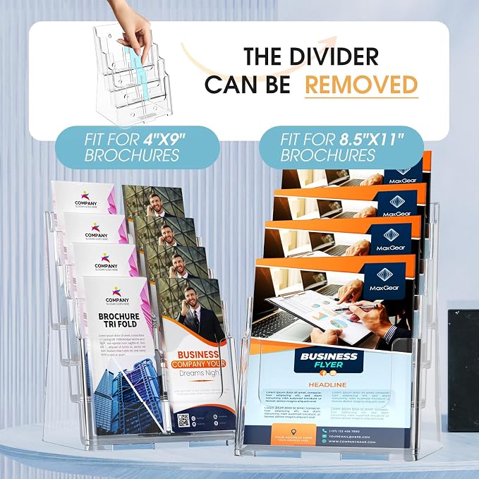 MaxGear 4 Tier Brochure Holder, 8.5 x 11, Removable Divider, 4 Pack | Clear - Image 3