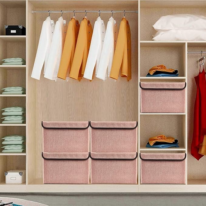 Linen Fabric Foldable Storage Cube Bin Organizer Basket with Flip-Top Lid & Handles, Large Clothes Blanket Box for Home, Office, Closet, Pink, 4 Pack 14.6 x 9.5 x 9.5”-DeskLoop Office