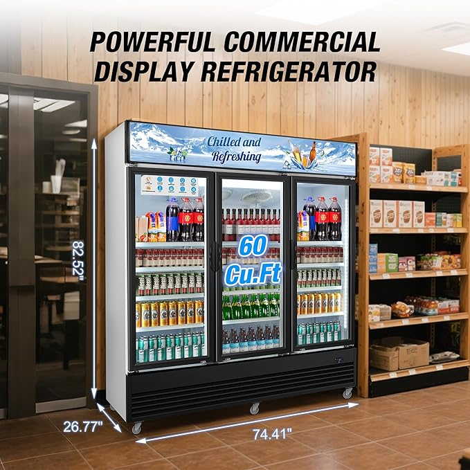 Commercial Beverage Refrigerator, 75" W 60 Cu. Ft. Commercial Drink Fridge, Display Refrigerator with 3 Glass Door, Commercial Display Fridge with 12 Adjustable Shelves, for Shop, Restaurant, Bar-DeskLoop Office