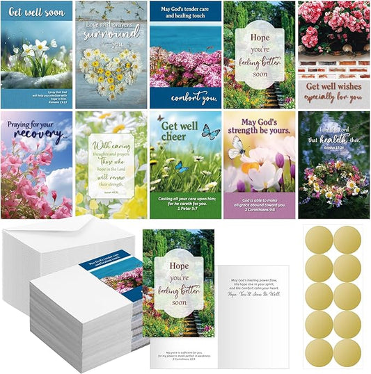 100 Pack Religious Get Well Soon Card Bulk Set with Envelopes Stickers 10 Floral Landscape Designs Assortment Christian Get Well Soon Greeting Cards with Scripture Inspirational Blessing 4 x 6
