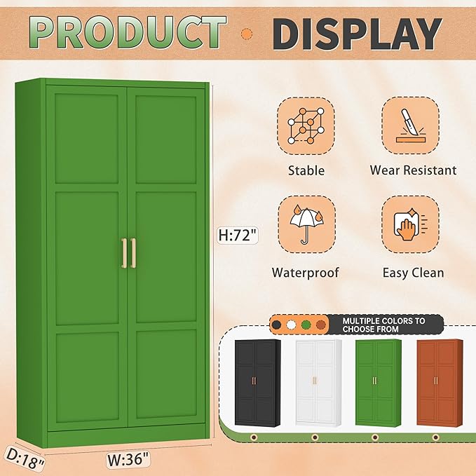 Greenvelly Metal Storage Wardrobe Cabinet with Lock, 71" Green Metal Wardrobe Closet for Hanging Clothes with Doors and Shelves, Modern Steel Clothes Closet for Home, Office and Bedroom, School,Gym-DeskLoop Office