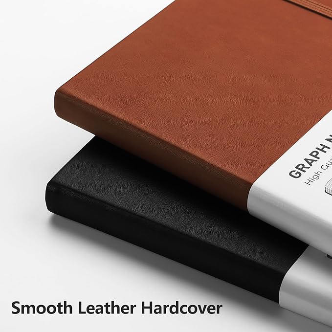 RETTACY Graph Grid Paper Notebook, 192 Pages, A5 Medium Size (5.7'' x 8.3''), 5 Squares per Inch, Leather Hardcover, 100 GSM Thick Paper, for School, Students, Math, Engineering (Brown)-DeskLoop Office