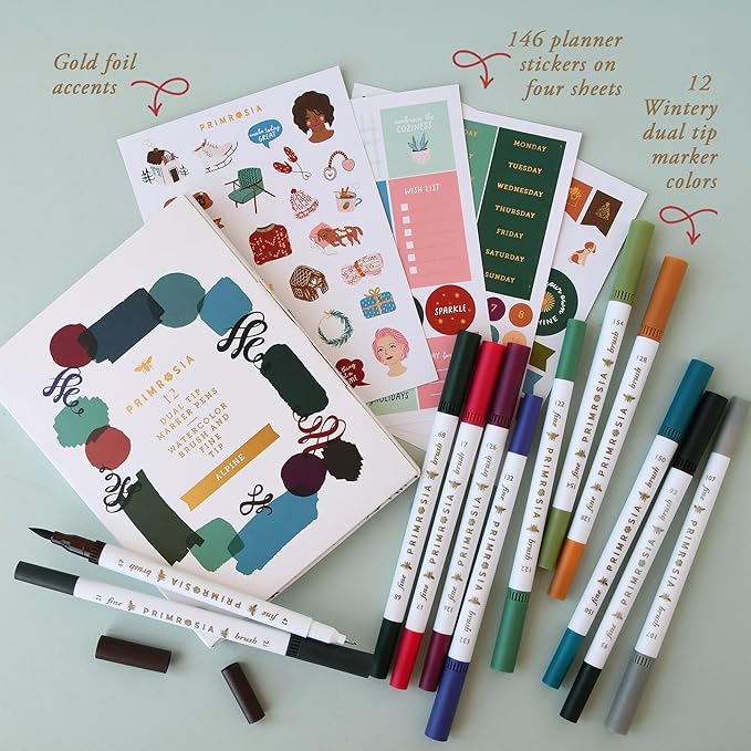 Primrosia 12 Dual Tip Watercolor Marker Pens - Fine Tip & Brush Tips, Professional Quality, 4 x Sticker Sheets, Blendable, Non-Toxic, Perfect for Calligraphy, Drawing & Coloring. (Alpine)-DeskLoop Office
