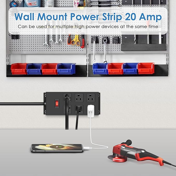 JUNNUJ Heavy Duty 20 Amp Power Strip, Garage 6 Outlets Metal 12 Gauge Surge Protector 3000J, High Amp 5-15P Adapter Shop 6-20R T-Slot Industrial (6AC, 6FT)-DeskLoop Office