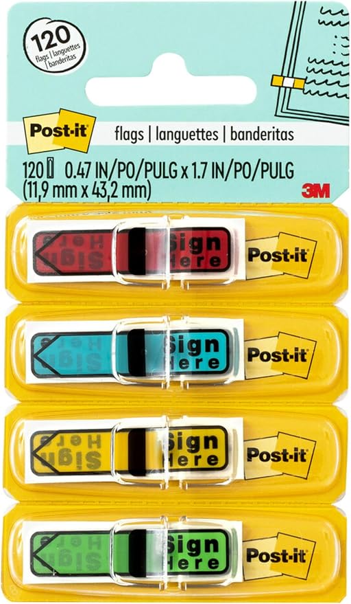 Post-it Message Sign Here Flags, 30/Dispenser, 4 Dispensers/Pack, .47 in Wide by Unknown