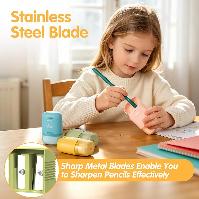 Deli Pencil Sharpener & Eraser, 4 Pack Pencil Sharpeners Manual, Dual Holes - Image 5