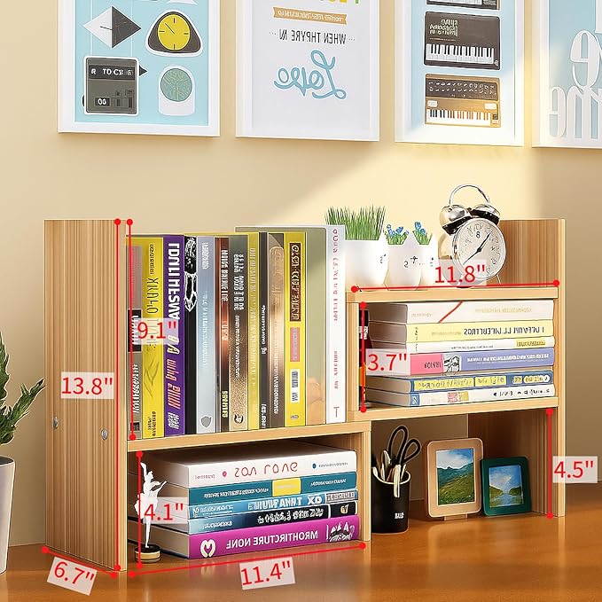 Desktop Shelf Organizer, Adjustable Wood Office Storage Rack, Counter Display - Image 2