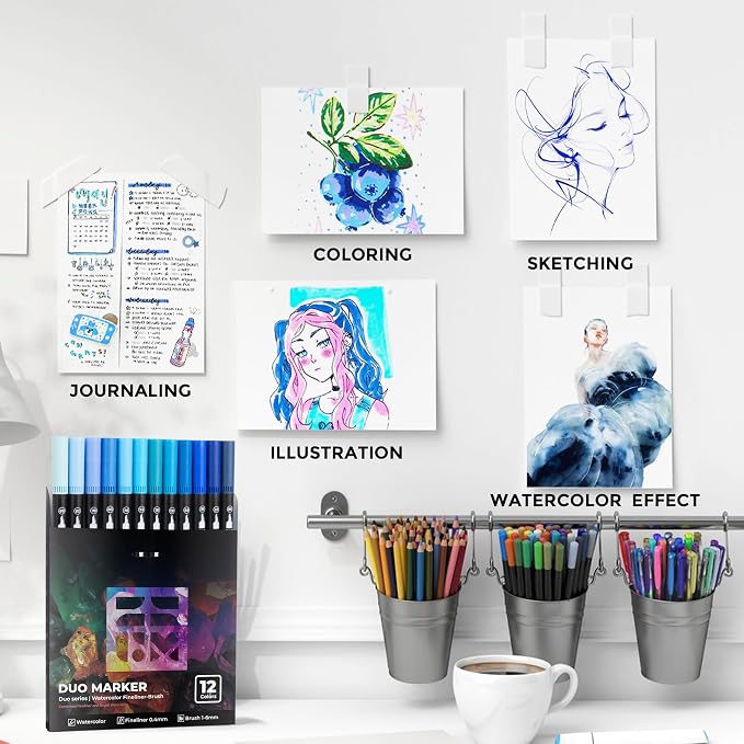 ZSCM Blue Duo Tip Marker Pens, 12 Pack Fine & Brush Markers - Image 6