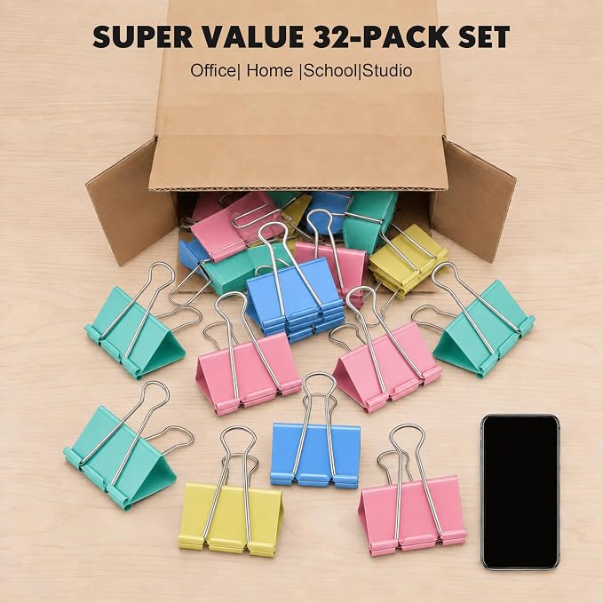 32 Pack Jumbo Binder Clips 3 Inch, Extra Large Binder Clips in 4 Colors - Image 6