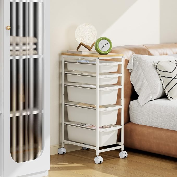 Slim Rolling Storage Cart with 5 Drawers, Craft Organizer, Wooden Tabletop - Image 6