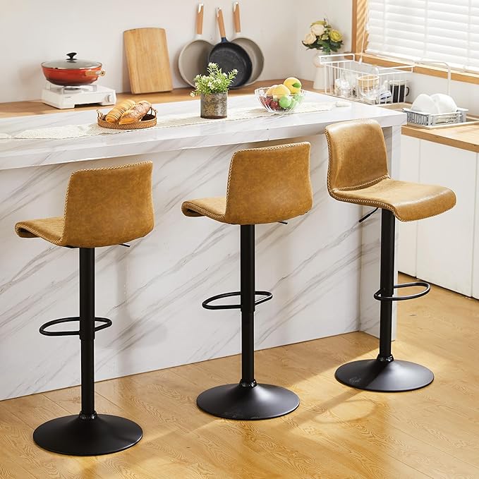 HeuGah Bar Stools Set of 4, Swivel Counter Height Barstools with Back, Adjustable Height 24" to 32", Whiskey Brown Faux Leather Bar Chairs for Kitchen Island (Whiskey Brown, Set of 4 (24'' to 32''))-DeskLoop Office