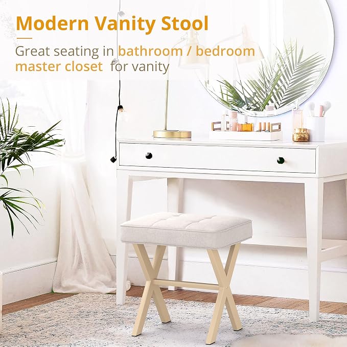 LUE BONA Square Linen Makeup Stool, Metal X Legs, Small Ottoman Stool Chair - Image 3