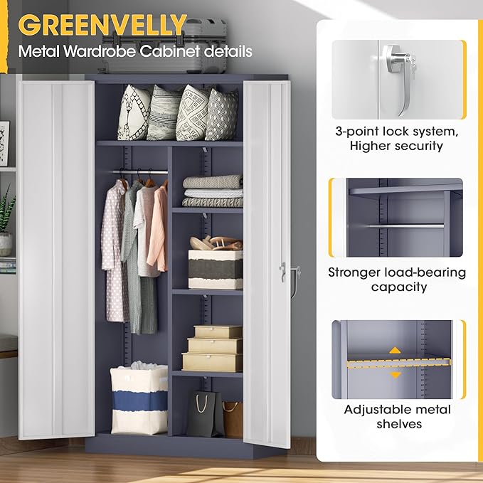Greenvelly Metal Storage Wardrobe Cabinet with Lock, 72" White Grey Metal Wardrobe Closet for Hanging Clothes with Doors and Shelves, Modern Clothes Closet for Home, Office and Bedroom, School,Gym-DeskLoop Office