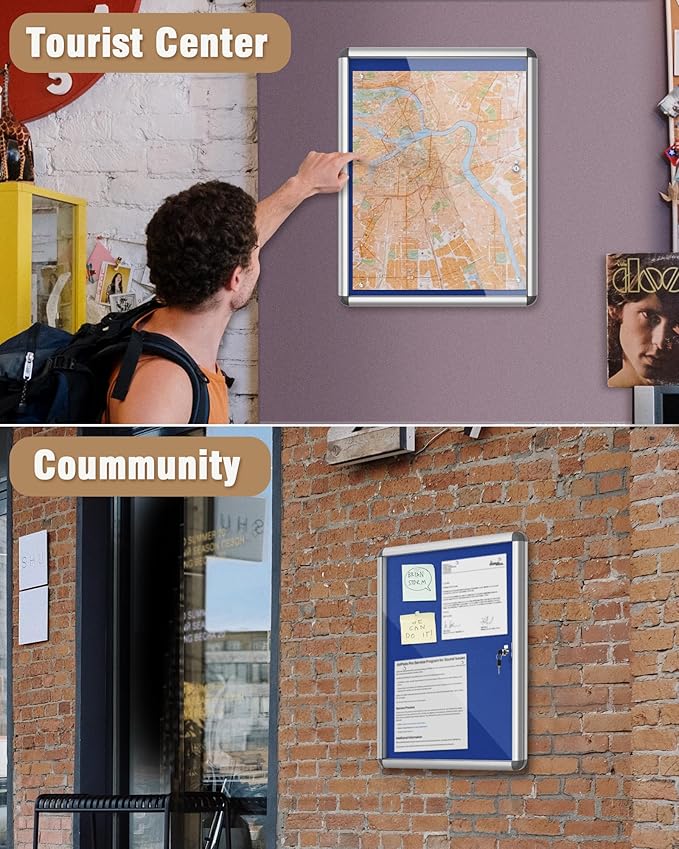 26"x20" Enclosed Bulletin Board, Lockable Weather-Resistant Aluminum Cork Noticeboard for School & Office, Silver Frame w/Blue Flet-DeskLoop Office