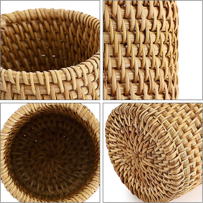 BTSKY Rattan Pen Cup, Handmade Desk Pencil Holders Makeup Brush Holder - Image 5